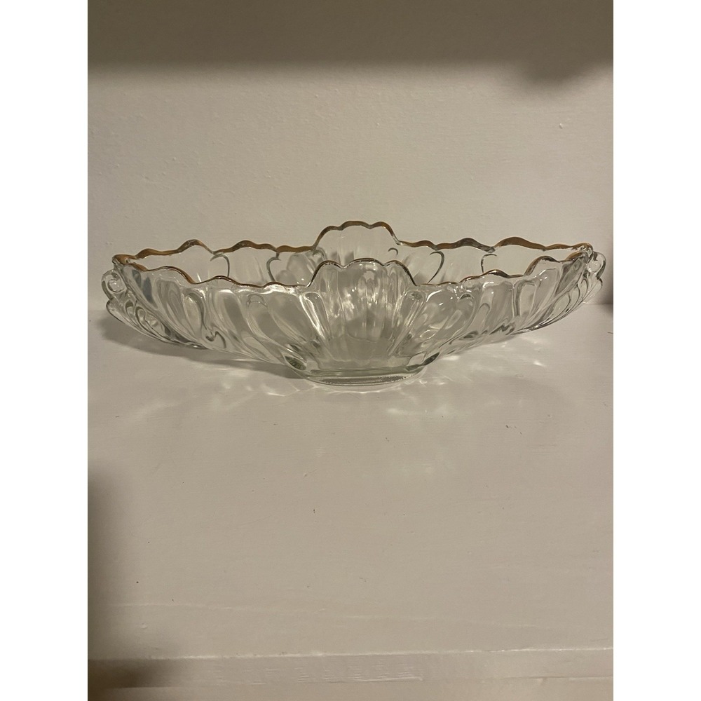 Vtg MCM 1950s Jeannette Clear Glass Gondola Bowl Gold Rim 15"